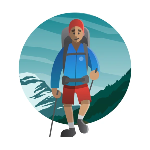 Wanderer, der durch den Berg wandert. Trekking, Wandern, Klettern, — Stockvektor
