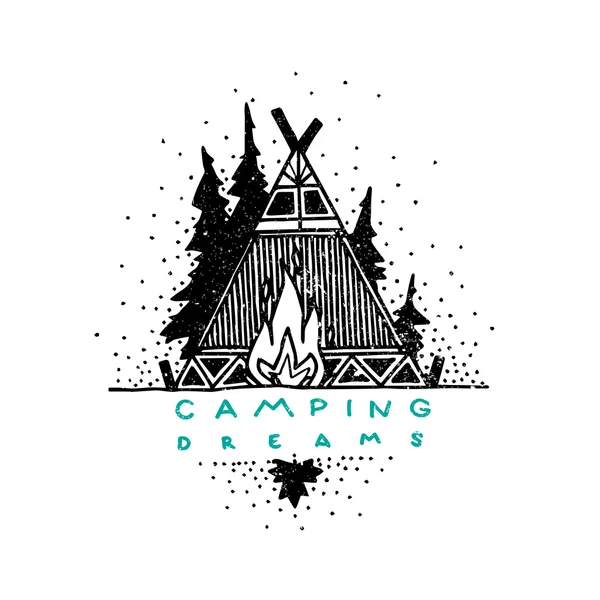 Hand drawn vintage label with tribal tent, forest and bonfire. B — Διανυσματικό Αρχείο