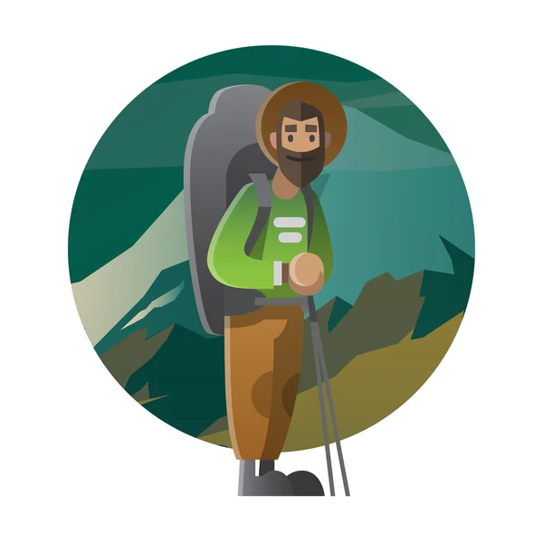 Hiker with huge backpack. Trekking, hiking, climbing, traveling. — Stock Vector