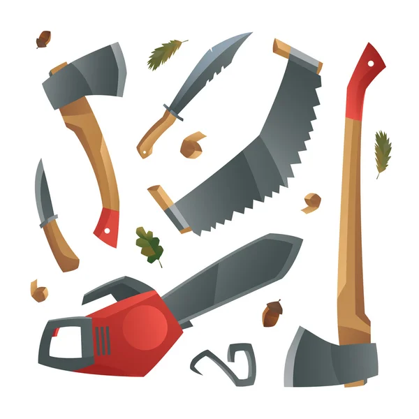 Herramientas de madera diferentes hachas, cuchillos y sierras — Archivo Imágenes Vectoriales