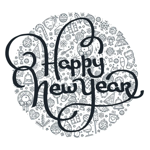 Felice anno nuovo in bianco e nero lettering — Vettoriale Stock