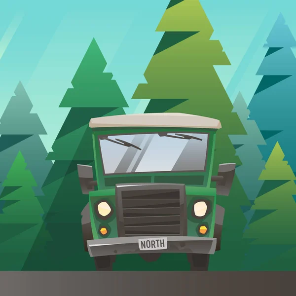Grüne Geländewagenfahrt durch den Wald — Stockvektor