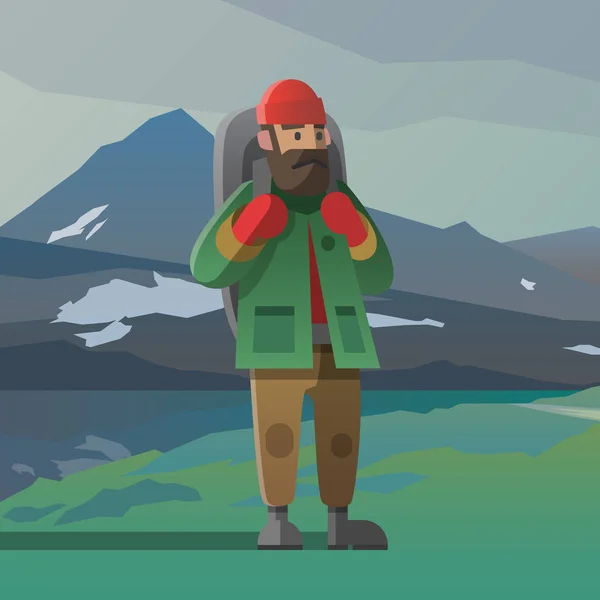 Old man with beard and backpack in the mountains.