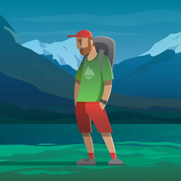 Mann mit roter Mütze und Rucksack in den Bergen. — Stockvektor