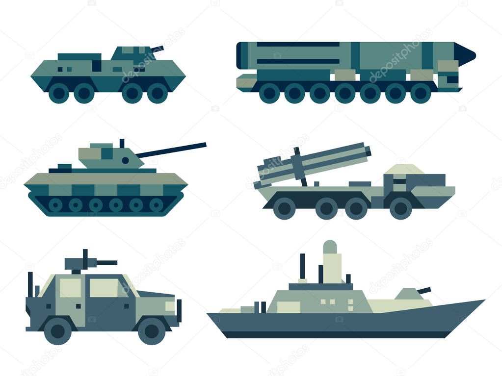 Collection of military machines. Set of army force technics include tank, truck, marine destroyer, armored troop carrier. Modern flat illustration art.