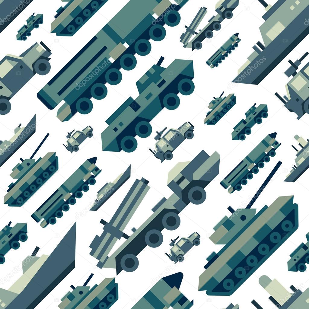 Seamless pattern of military machines. Set of army force technics include tank, truck, marine destroyer, armored troop carrier. Modern flat illustration art.