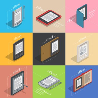 Elektronik Kitaplar Icon set. İzometrik düz vektör