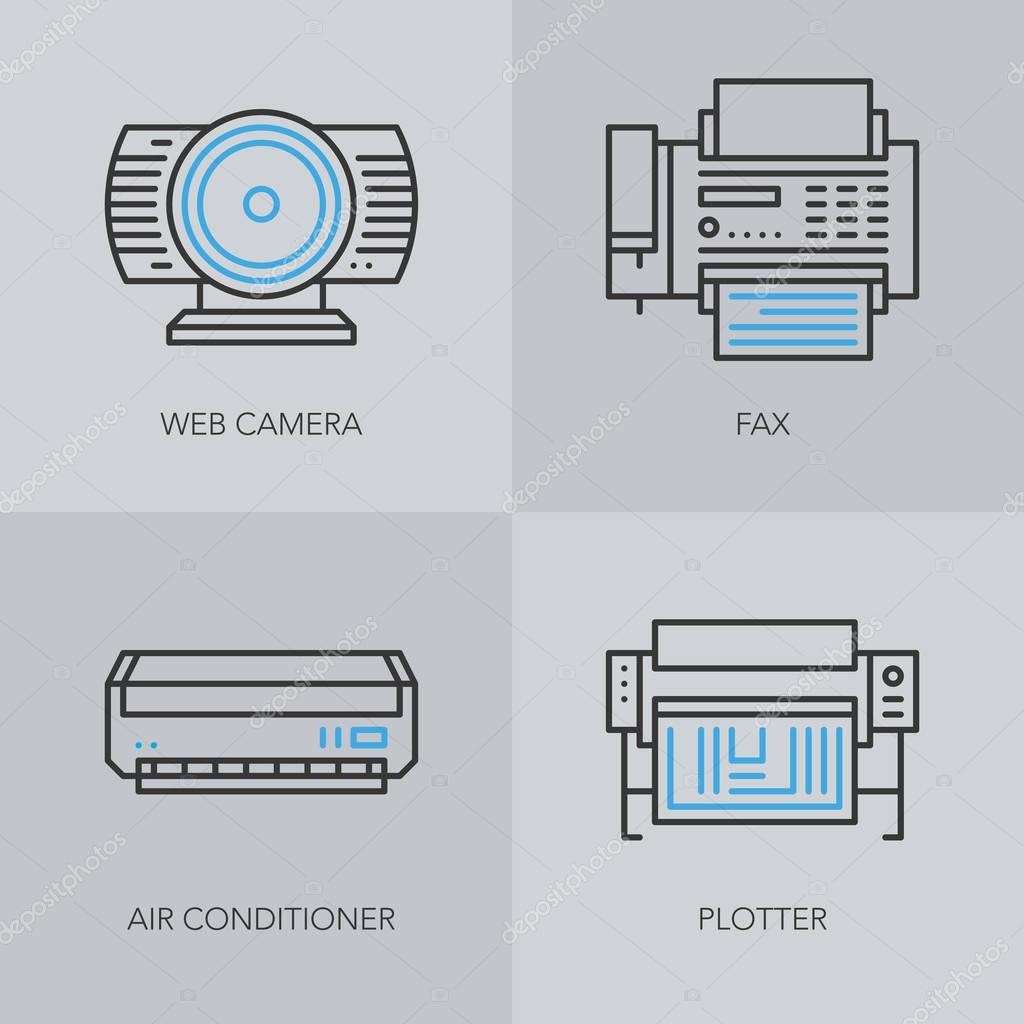 Unique detailed thin line icons for business. Office technics and electronic devices logo. Laptop, printer, calculator and table fan. Vector illustration element.