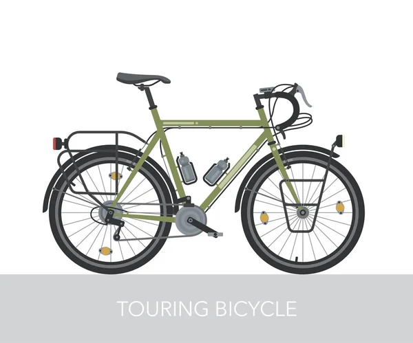 Configuración de bicicleta de trekking para viajes largos . — Vector de stock