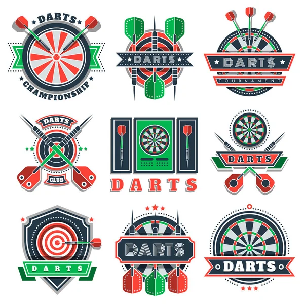 Darts toernooi pictogrammen en badges voor sportclubs. — Stockvector