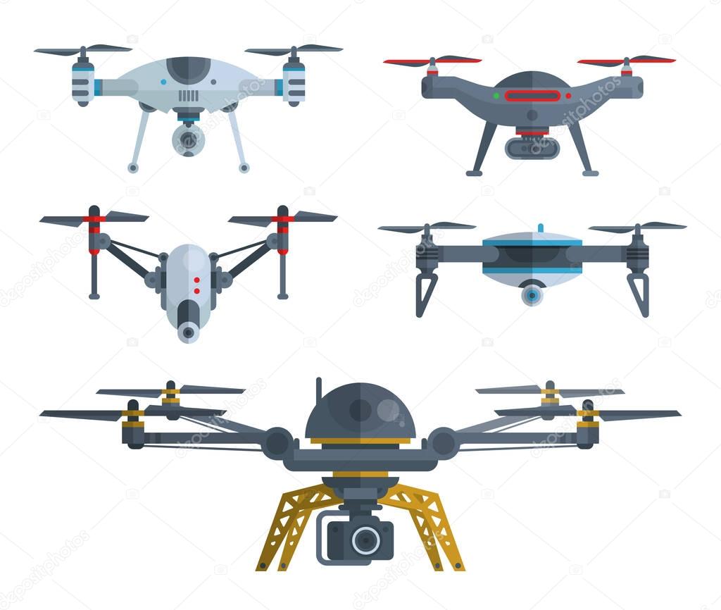 Different flying drones isolated on white.