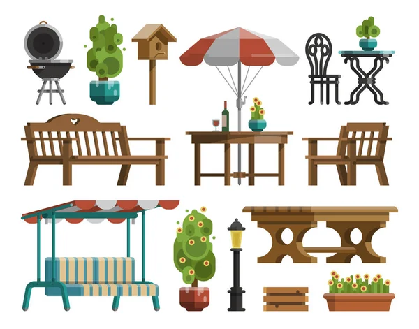 Mobilier de jardin, tables, chaises, arbres décoratifs — Image vectorielle