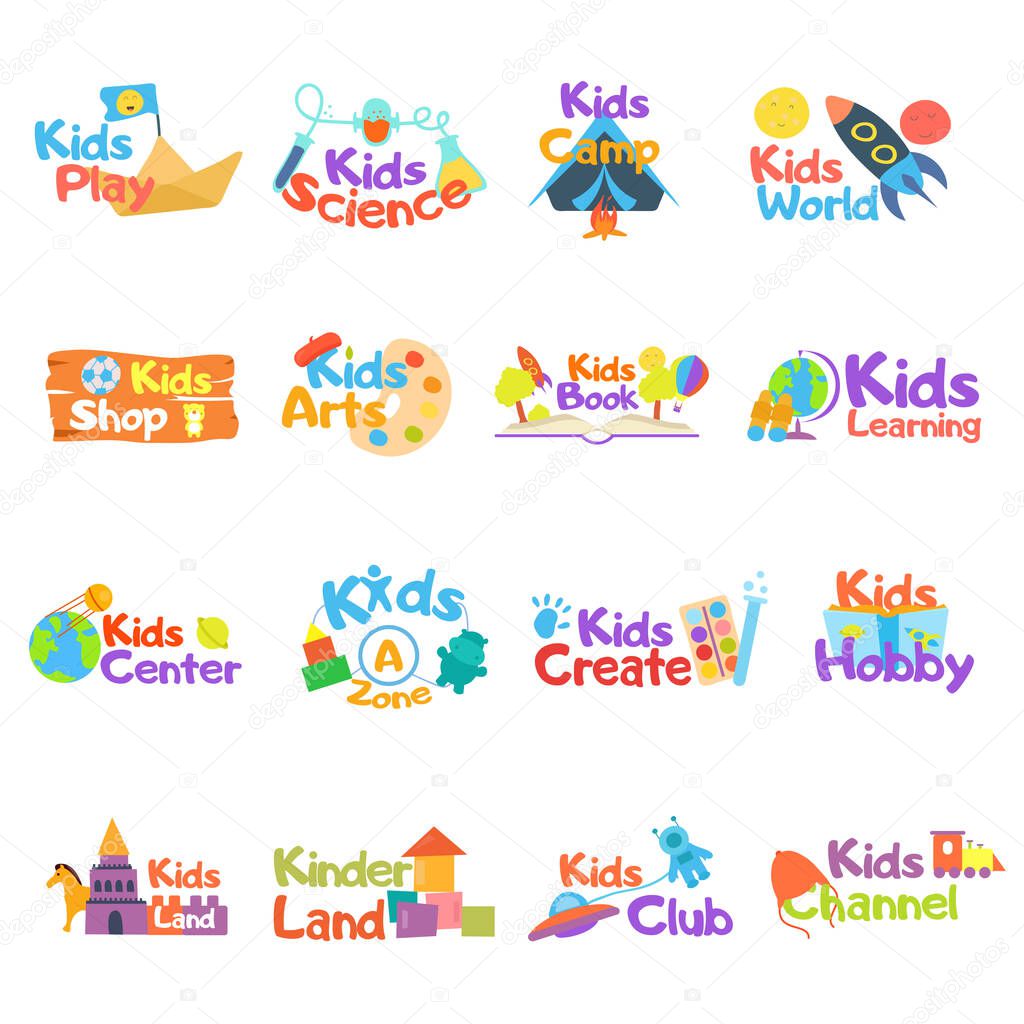 Kids logo vector set. Logo collection of kids club, land, playground, zone, hobby, arts. Colorful promo signs and creative idea for children's playing space. Vector icons and symbols set of child logo