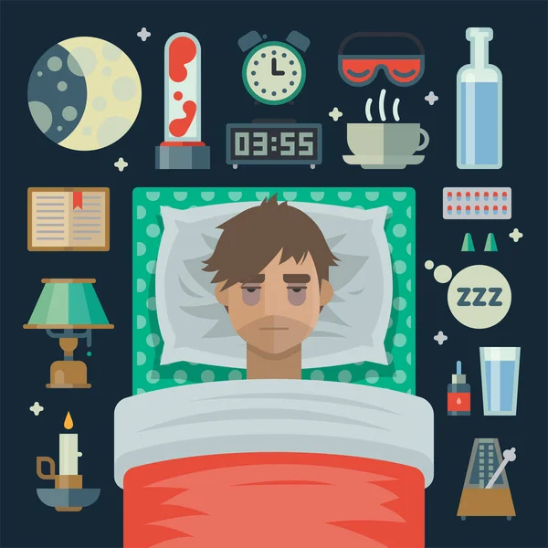 Uomo con problemi di insonnia del sonno — Vettoriale Stock