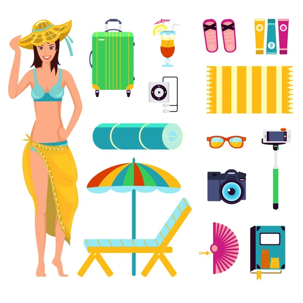 Preparación para vacaciones de verano en la playa — Vector de stock