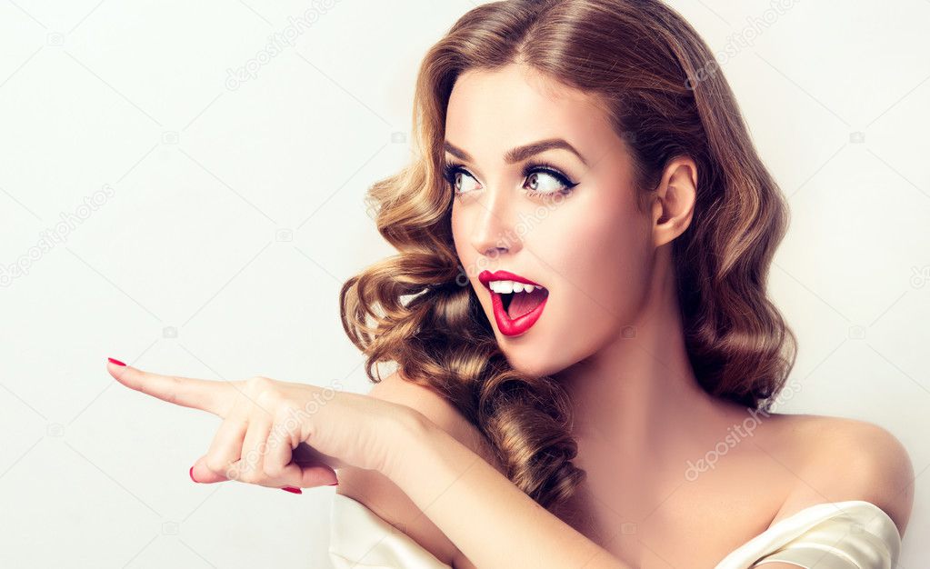 Woman surprise showing product 