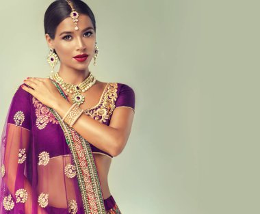 Güzel Hintli kız portresi. Mehmet Takı seti ile genç hindu kadın modeli. Geleneksel Hindistan kostüm lehenga choli veya sari