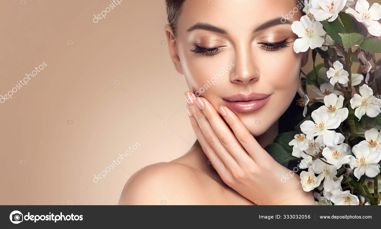 Beautiful Young Woman Clean Fresh Skin Touching Her Face Flowers Stock  Photo by ©Sofia_Zhuravets 333032056