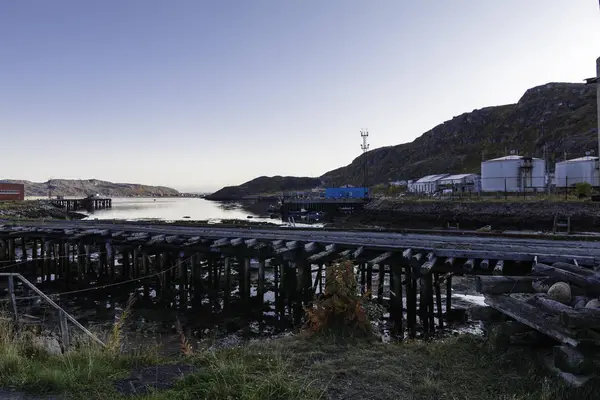 Tönkrement Híd Tönkre Híd Falu Teriberka Murmansk Region Oroszország — Stock Fotó