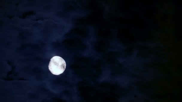 Luna llena detrás de la nube en movimiento en la noche negra — Vídeos de Stock