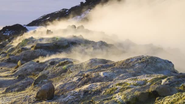 Tierra, actividad volcánica, área geotérmica, fumarolas ollas volcánicas de barro hirviendo, Islandia . — Vídeos de Stock