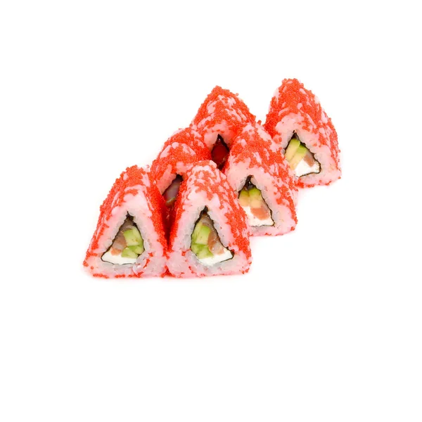日本卷三文鱼和米饭飞鱼籽 — 图库照片
