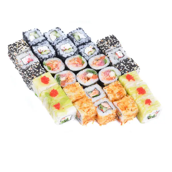 Japanska mitten ange rullar och sushi med lax, räkor och gurka — Stockfoto
