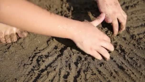 O miúdo joga areia. — Vídeo de Stock