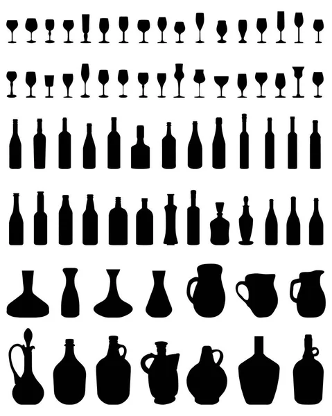 Siluetas Cuencos Botellas Vasos Sobre Fondo Blanco — Vector de stock