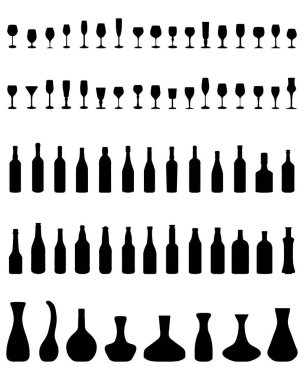 Kase, şişe ve bardak beyaz bir arka plan üzerinde siluetleri