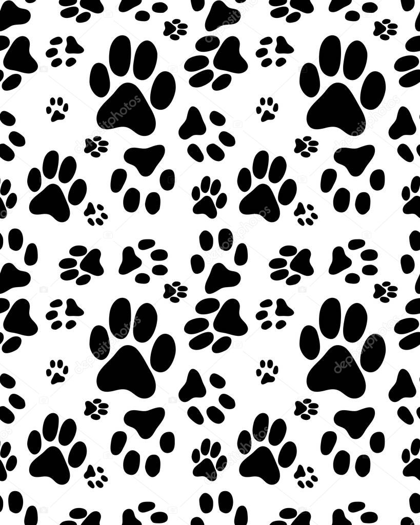 Seamless pattern of print of cats paws on a white background