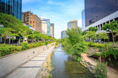 Seoul, Kore - 19 Haziran 2017 Cheonggyecheon akışı Seul, Kore