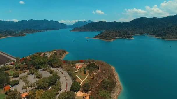 Aerial: Drone flies high above the lake. Panorama. — Stock Video