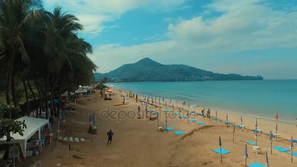 Phuket, Thailand 5 februari 2016: Antenn: Start. Solstolar på stranden. — Stockvideo