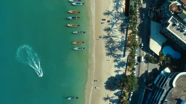 Antenn: Long tail båtar och handflatorna på Patong beach. — Stockvideo
