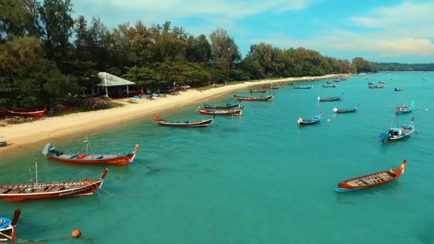Aerial: Long tail boats on the Rawai beach. — Stock Video