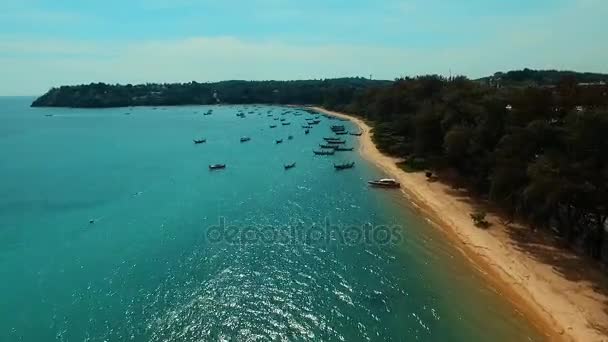 Aérienne : Survoler les bateaux à longue queue sur la plage . — Video