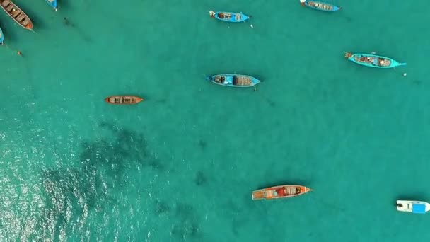 Aérea: Girando alrededor de botes de cola larga en la playa . — Vídeos de Stock