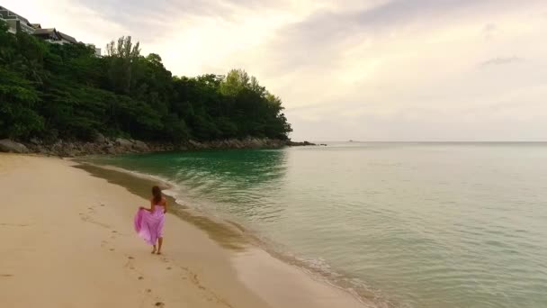 Luchtfoto: Eenzaam meisje loopt alleen op het strand. — Stockvideo