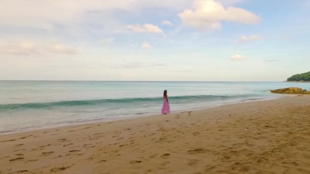 Aérea: Una chica y olas en la playa . — Vídeos de Stock