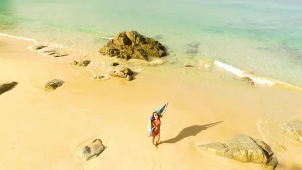 Antenne: Een meisje dansen op het strand. — Stockvideo