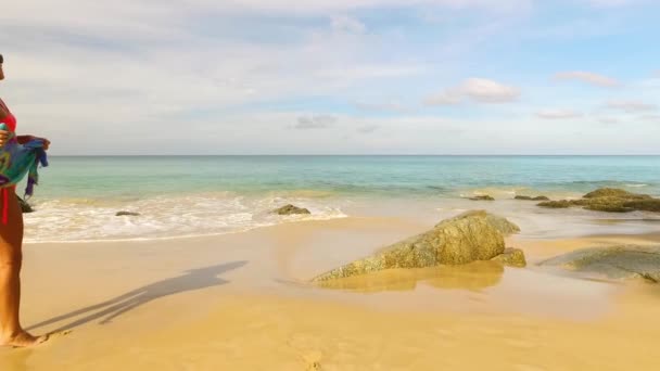 Aéreo: Menina bonita jovem posando na praia . — Vídeo de Stock