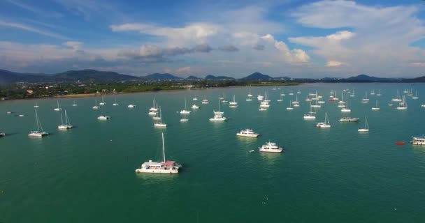 Aérea: Muchos barcos y barcos en el mar . — Vídeo de stock