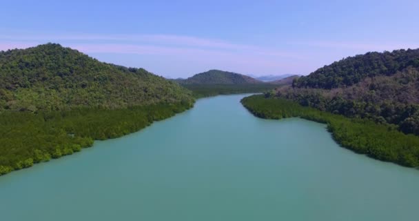 空中︰ 在群山之间时的那条美丽的河. — 图库视频影像