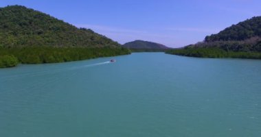 Hava: Mangrovlar arasında Nehri üzerinde tekne yüzen.