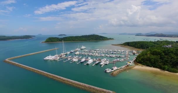 Aerial: Beautiful marina with moored yahts and ships. — Stock Video