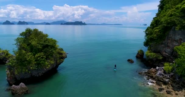 Antenne: Mann schwimmt auf Surfbrett in der Nähe der Insel. — Stockvideo