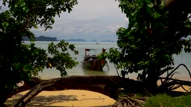 Thai longtail hajóval van a parton, a strandon. — Stock videók