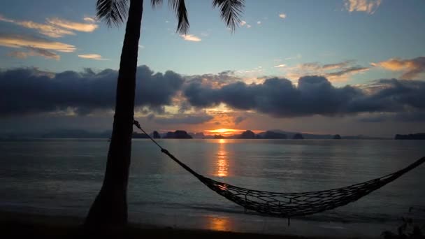 Временной промежуток. Рассвет у моря у пальмы с гамаком . — стоковое видео