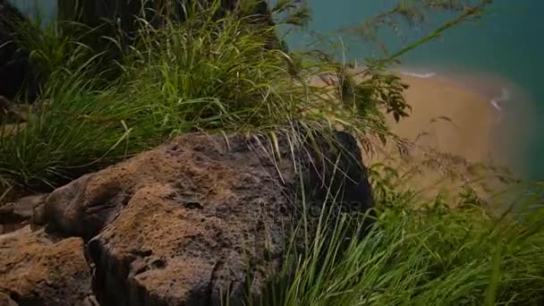 Longtail boten zijn op een verlaten strand. Filmische uitzicht vanaf de top van de heuvel. — Stockvideo